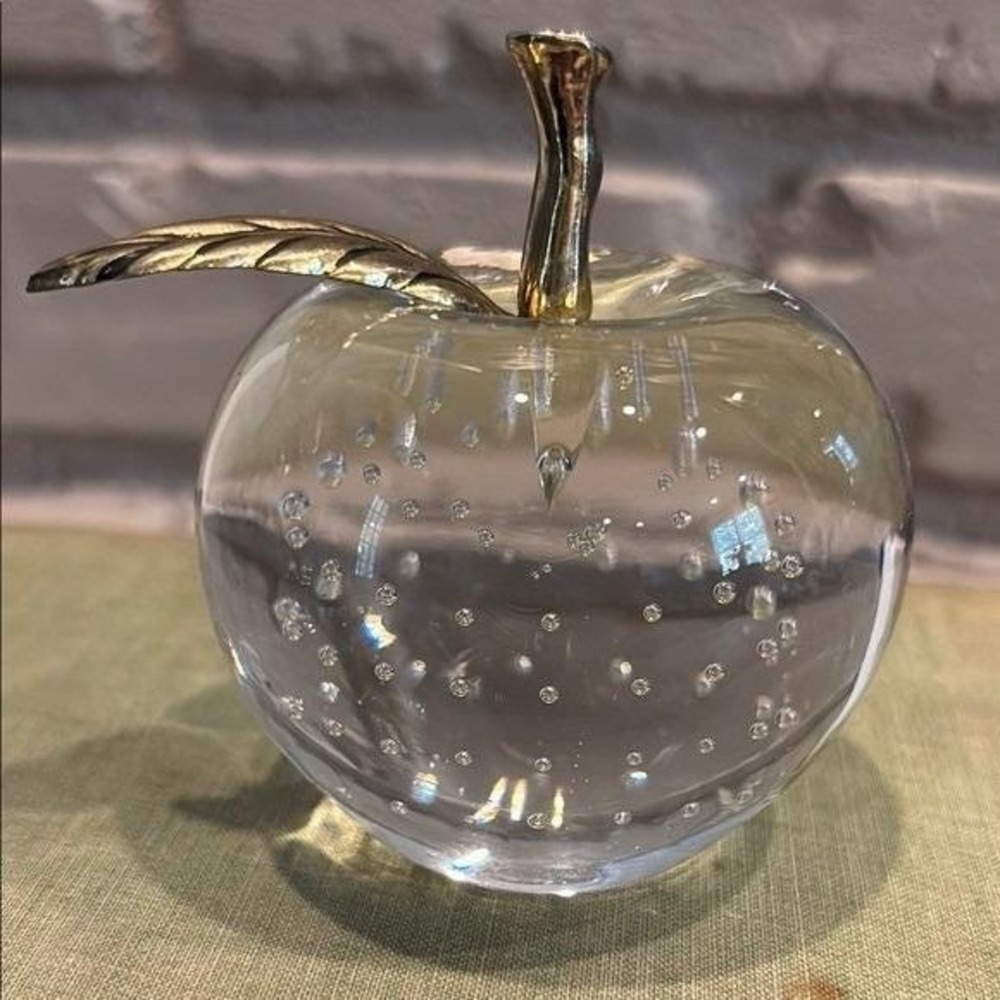 VTG Clear Glass Apple Controlled Bubbles Paperweight with Brass Stem